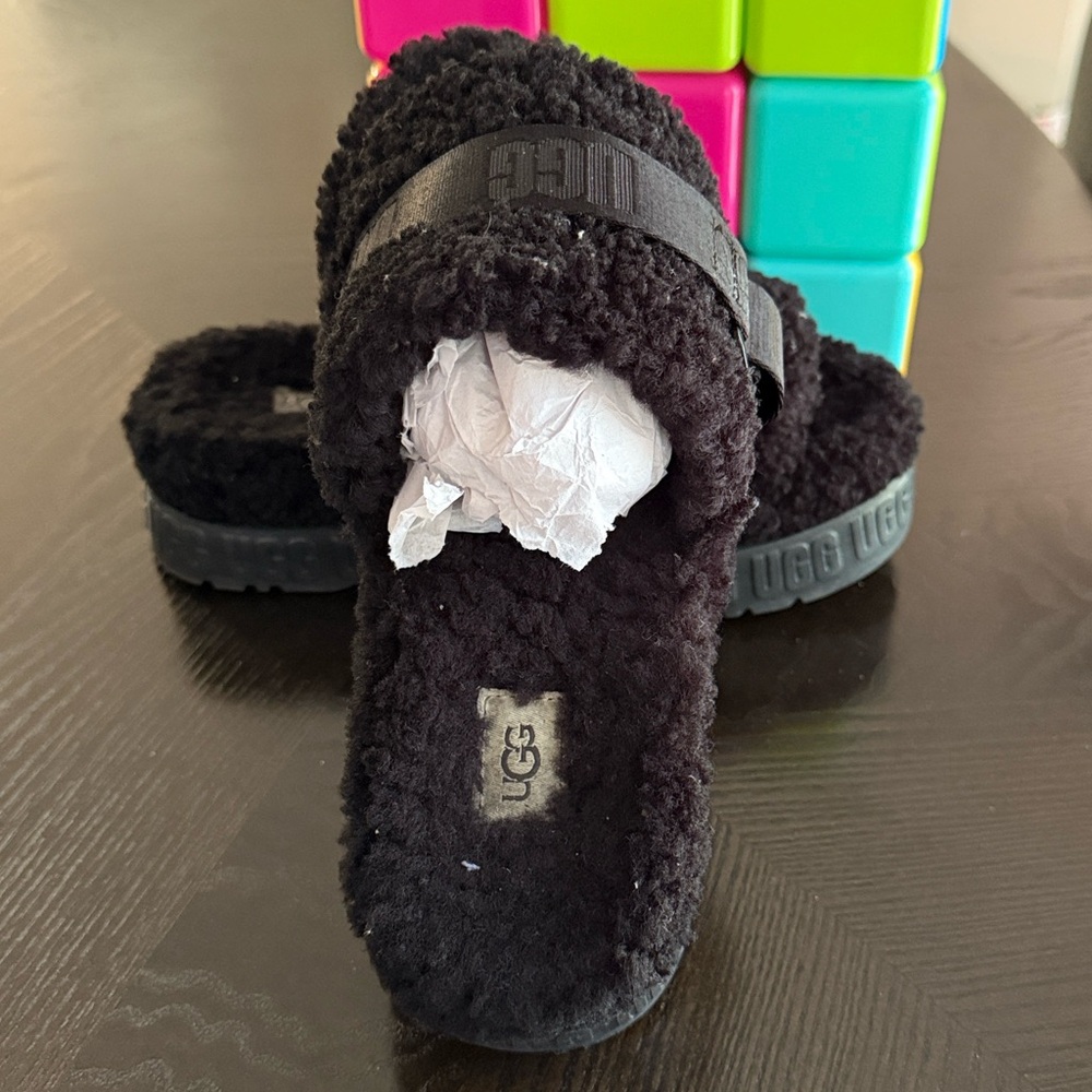 UGG Black Fuzzy Open-Toe Slides - Picture 9 of 16